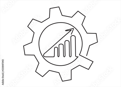 Continuous one single line drawing Productivity bar chart inside gear. Vector illustration concept. Marketing productivity progress, Profit market trend management.