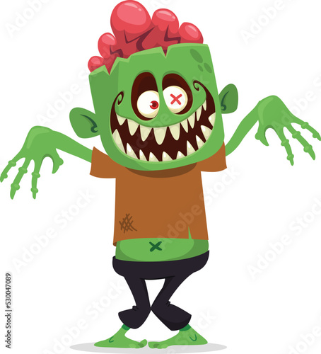 Cartoon funny green zombie with pink brains outside of the head. Halloween vector illustration isolated