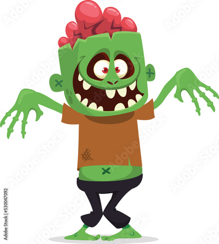 Cartoon funny green zombie with pink brains outside of the head. Halloween vector illustration isolated