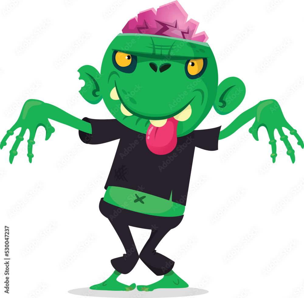 Cartoon funny green zombie with pink brains outside of the head. Halloween vector illustration isolated Cartoon funny green zombie with pink brains outside of the head. Halloween vector illustration isolated