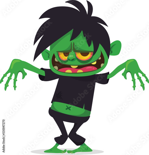 Cartoon funny green zombie with pink brains outside of the head. Halloween vector illustration isolated