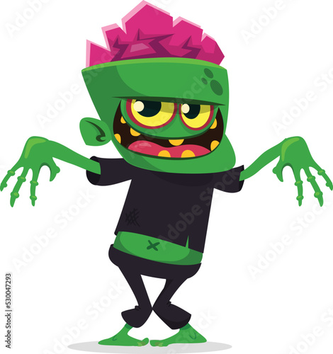 Cartoon funny green zombie with pink brains outside of the head. Halloween vector illustration isolated