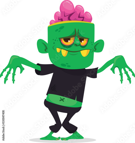Cartoon funny green zombie with pink brains outside of the head. Halloween vector illustration isolated