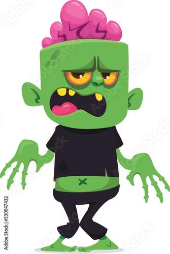 Cartoon funny green zombie with pink brains outside of the head. Halloween vector illustration isolated
