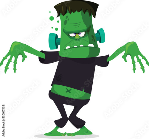 Cartoon funny green zombie with pink brains outside of the head. Halloween vector illustration isolated
