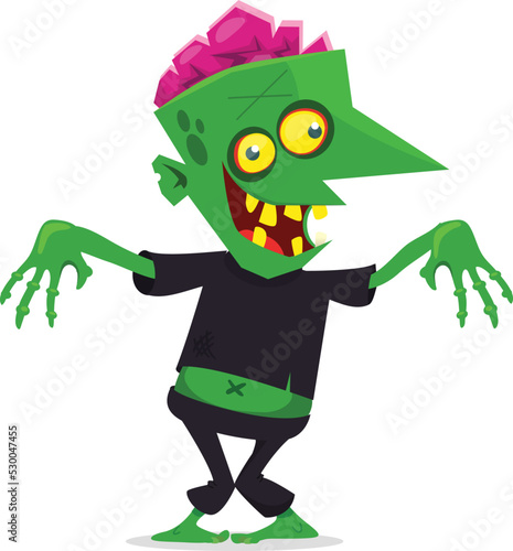 Cartoon funny green zombie with pink brains outside of the head. Halloween vector illustration isolated