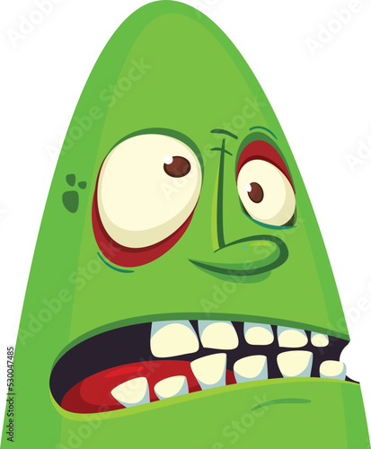 Cartoon angry zombie head. Halloween vector illustration of funny zombie moaning with wide open mouth full of teeth