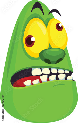 Cartoon angry zombie head. Halloween vector illustration of funny zombie moaning with wide open mouth full of teeth