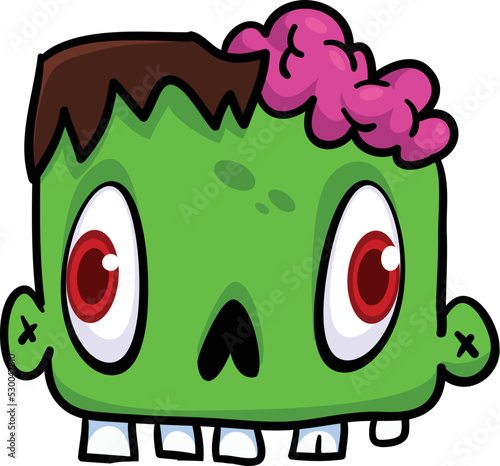 Cartoon angry zombie head. Halloween vector illustration of funny zombie moaning with wide open mouth full of teeth