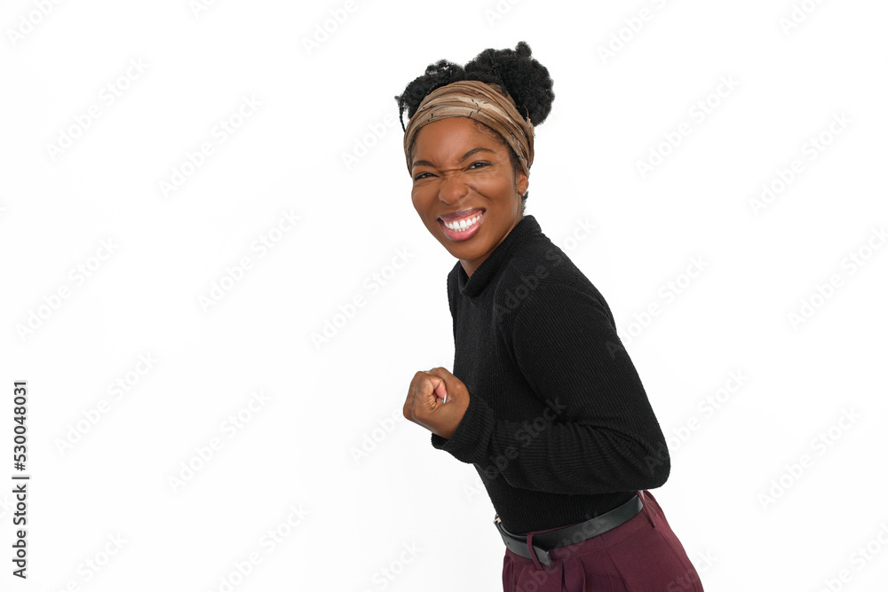 Portrait of ecstatic African American woman. Female model in turtleneck with curly hair looking at camera, gesturing. Portrait, studio shot, emotion concept Portrait of ecstatic African American woman. Female model in turtleneck with curly hair looking at camera, gesturing. Portrait, studio shot, emotion concept