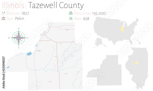 Large and detailed map of Tazewell county in Illinois, USA.