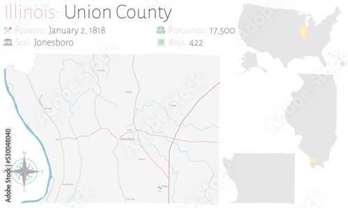 Large and detailed map of Union county in Illinois, USA.