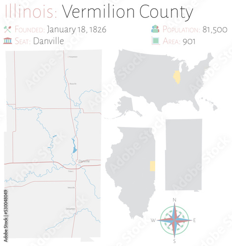Large and detailed map of Vermilion county in Illinois, USA.
