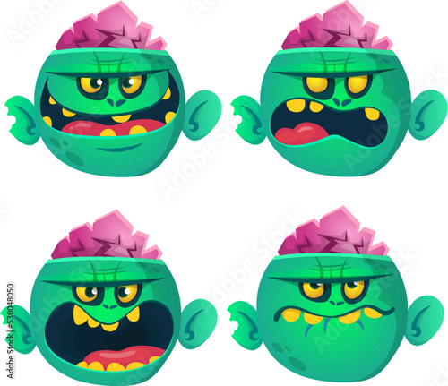 Cartoon zombie face expressions set. Vector illustration of different green scary zombie emotions isolated