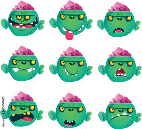 Cartoon zombie face expressions set. Vector illustration of different green scary zombie emotions isolated