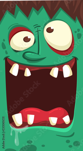 Cartoon angry zombie face avatar. Halloween vector illustration of funny zombie moaning with wide open mouth full of teeth. Great for decoration or package design.