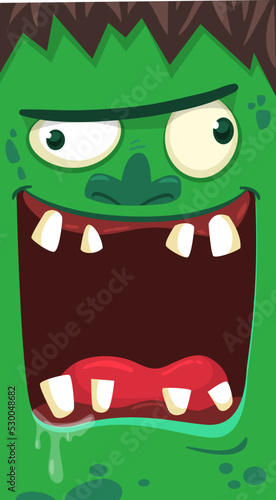 Cartoon angry zombie face avatar. Halloween vector illustration of funny zombie moaning with wide open mouth full of teeth. Great for decoration or package design.