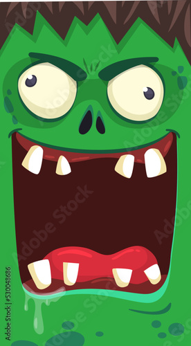 Cartoon angry zombie face avatar. Halloween vector illustration of funny zombie moaning with wide open mouth full of teeth. Great for decoration or package design.