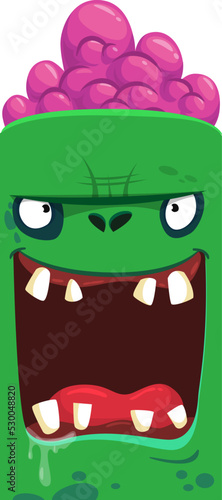 Cartoon angry zombie face avatar. Halloween vector illustration of funny zombie moaning with wide open mouth full of teeth. Great for decoration or package design.