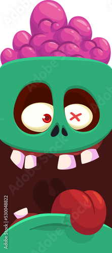 Cartoon angry zombie face avatar. Halloween vector illustration of funny zombie moaning with wide open mouth full of teeth. Great for decoration or package design.