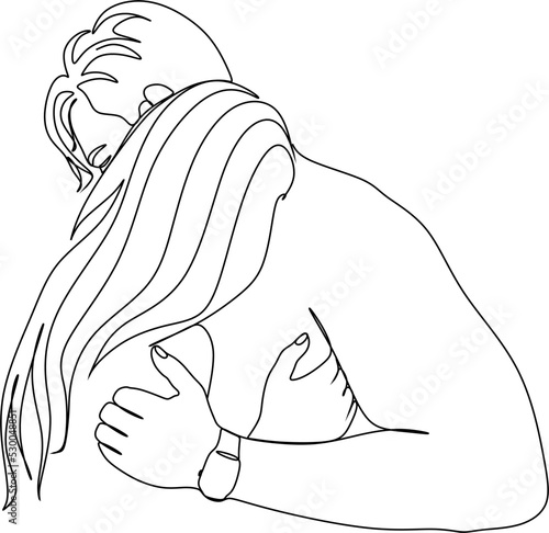 One continuous, single line  drawing of a woman and a man. Hugs of a young couple, lovers, woman and man. Doodles. Romantic.