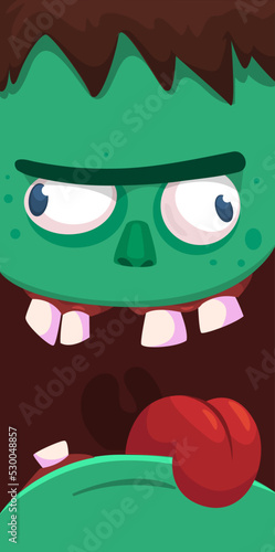 Cartoon angry zombie face avatar. Halloween vector illustration of funny zombie moaning with wide open mouth full of teeth. Great for decoration or package design.