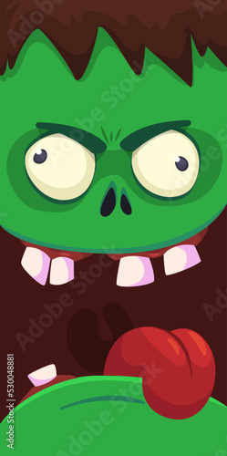 Cartoon angry zombie face avatar. Halloween vector illustration of funny zombie moaning with wide open mouth full of teeth. Great for decoration or package design.