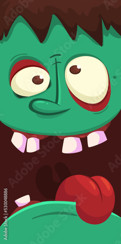Cartoon angry zombie face avatar. Halloween vector illustration of funny zombie moaning with wide open mouth full of teeth. Great for decoration or package design.
