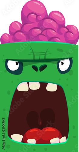 Cartoon angry zombie face avatar. Halloween vector illustration of funny zombie moaning with wide open mouth full of teeth. Great for decoration or package design.