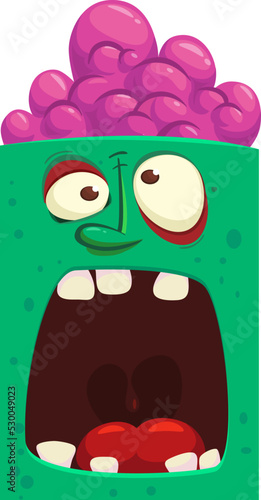 Cartoon angry zombie face avatar. Halloween vector illustration of funny zombie moaning with wide open mouth full of teeth. Great for decoration or package design.