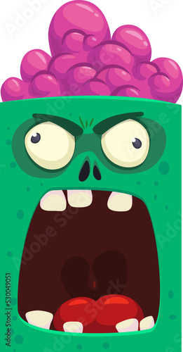 Cartoon angry zombie face avatar. Halloween vector illustration of funny zombie moaning with wide open mouth full of teeth. Great for decoration or package design.