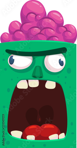 Cartoon angry zombie face avatar. Halloween vector illustration of funny zombie moaning with wide open mouth full of teeth. Great for decoration or package design.