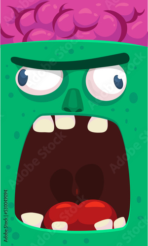 Cartoon angry zombie face avatar. Halloween vector illustration of funny zombie moaning with wide open mouth full of teeth. Great for decoration or package design.