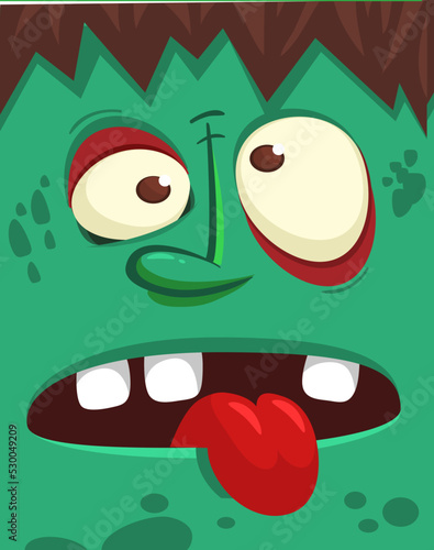 Cartoon angry zombie face avatar. Halloween vector illustration of funny zombie moaning with wide open mouth full of teeth. Great for decoration or package design.