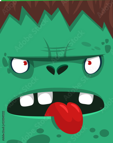 Cartoon angry zombie face avatar. Halloween vector illustration of funny zombie moaning with wide open mouth full of teeth. Great for decoration or package design.