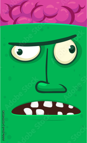 Cartoon angry zombie face avatar. Halloween vector illustration of funny zombie moaning with wide open mouth full of teeth. Great for decoration or package design.