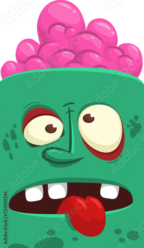 Cartoon angry zombie face avatar. Halloween vector illustration of funny zombie moaning with wide open mouth full of teeth. Great for decoration or package design.