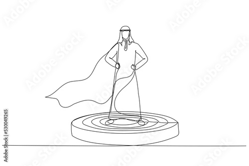 Cartoon of arab businessman superhero leader on podium, standing proud and strong. Metaphor for arab business management and boss. One line art style