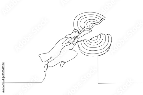 Drawing of Super arab businessman Flying Through and Breaking Target. Metaphor for Business Success and Leadership Concept. Single continuous line art style