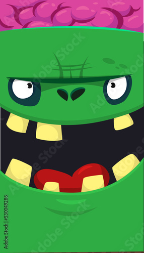 Cartoon angry zombie face avatar. Halloween vector illustration of funny zombie moaning with wide open mouth full of teeth. Great for decoration or package design.