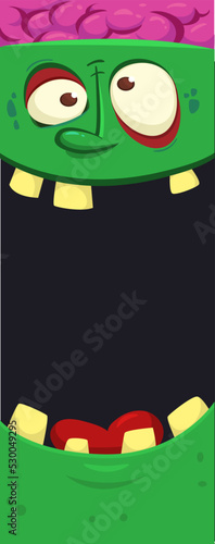 Cartoon angry zombie face avatar. Halloween vector illustration of funny zombie moaning with wide open mouth full of teeth. Great for decoration or package design.