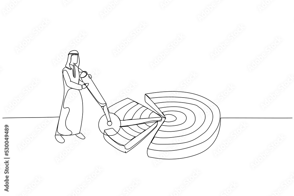 Cartoon of arab businessman break down dartboard target into chunks. Metaphor for break down big goal into small achievable goals. One line art style Cartoon of arab businessman break down dartboard target into chunks. Metaphor for break down big goal into small achievable goals. One line art style