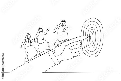 Drawing of arab businessman hand pointing to the target. Single continuous line art