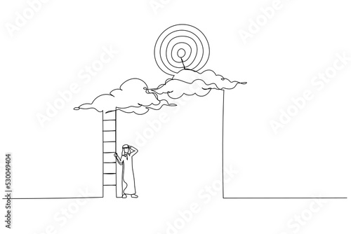 Drawing of hopelessness arab businessman with too short ladder cannot reach target. Metaphor for mistake and error causing business problem and missing goal. Continuous line art style