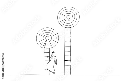 Illustration of smart arab businessman about to climb up ladder to achieve short term goal. Metaphor for focus on short term goal to achieve long term success. Single line art style