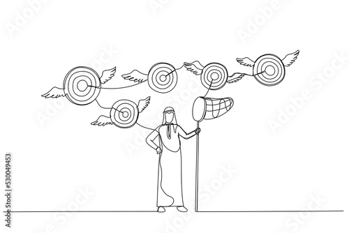 Cartoon of arab businessman try to catch flying target. One continuous line art style