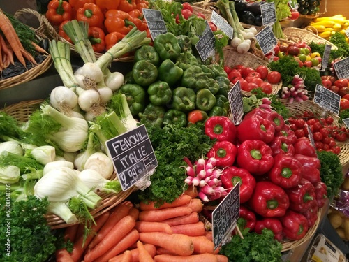 Fresh vegetables at a farmers market in France in summer  fennel  carrots  bell pepper