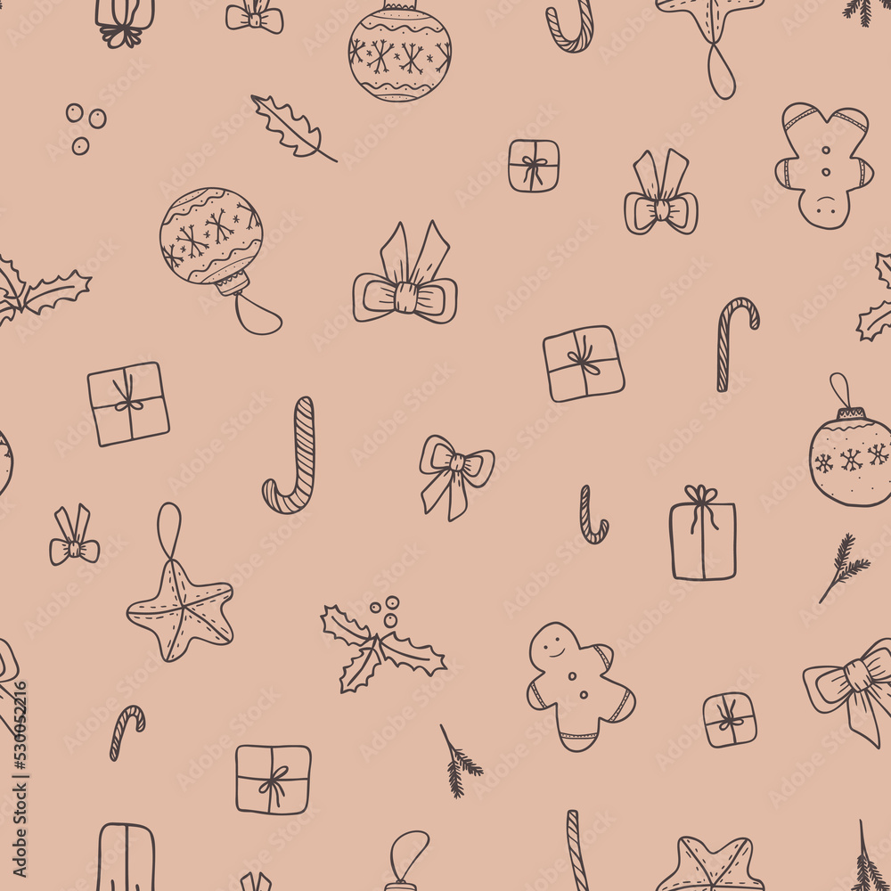 Vector seamless pattern with presents, Christmas balls, bows, candies. For fabric and pajamas, web page background, scrapbooking album, gift and wrapping paper,  greeting cards, winter decorations.