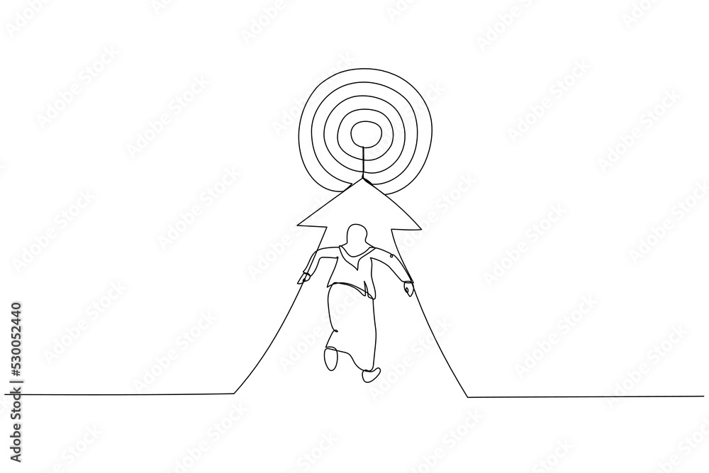 Drawing of muslim businesswoman running to the target. Metaphor for reaching the target. Single continuous line art style Drawing of muslim businesswoman running to the target. Metaphor for reaching the target. Single continuous line art style