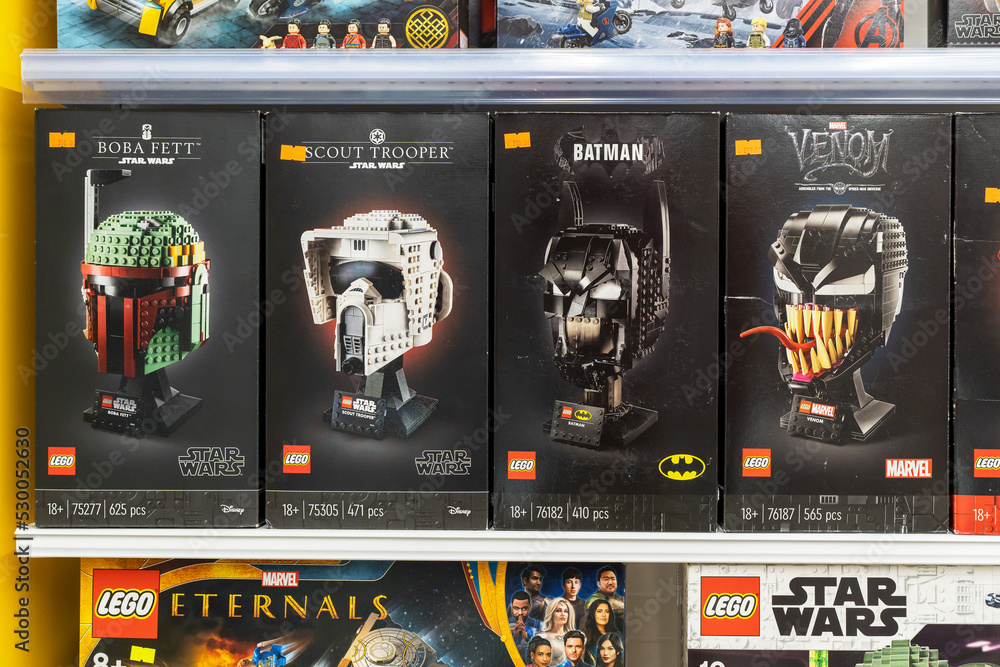Fototapeta premium Lego constructors for adults 18+ for sale at Lego Store. Lego is a line of plastic construction toys that are manufactured by The Lego Group company in Denmark. Minsk, Belarus, 2022